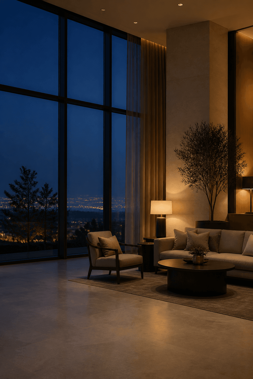 Contemporary hotel lounge at dusk